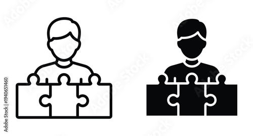 Person icon with puzzle pieces representing problem solving strategy logic teamwork solution and business management in outline and solid