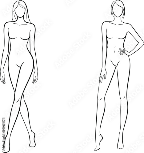 Elegant female body outline pose set, fashion croquis flat vector illustration design