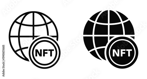 Global NFT token icons representing worldwide digital asset trading blockchain technology cryptocurrency marketplace unique tokens and international decentralized finance systems design