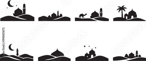 Black silhouette vector set featuring a nautical frame with fire and leaves surrounding a cargo ship, cruise vessel, and submarine illustration on a white background for sea travel and transportation