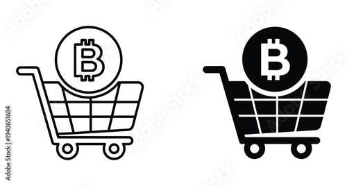 Bitcoin shopping cart icon set showing cryptocurrency digital payment methods for online retail commerce stores using blockchain technology and virtual money assets