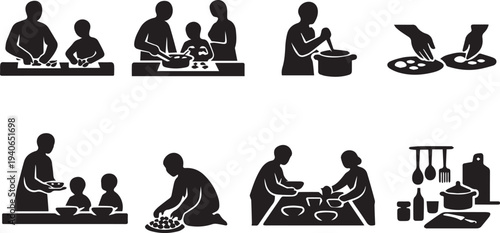 A creative vector illustration featuring a black silhouette pictogram set of yoga icons and fitness stick figures depicting a person, woman, or business couple in sitting and activity poses