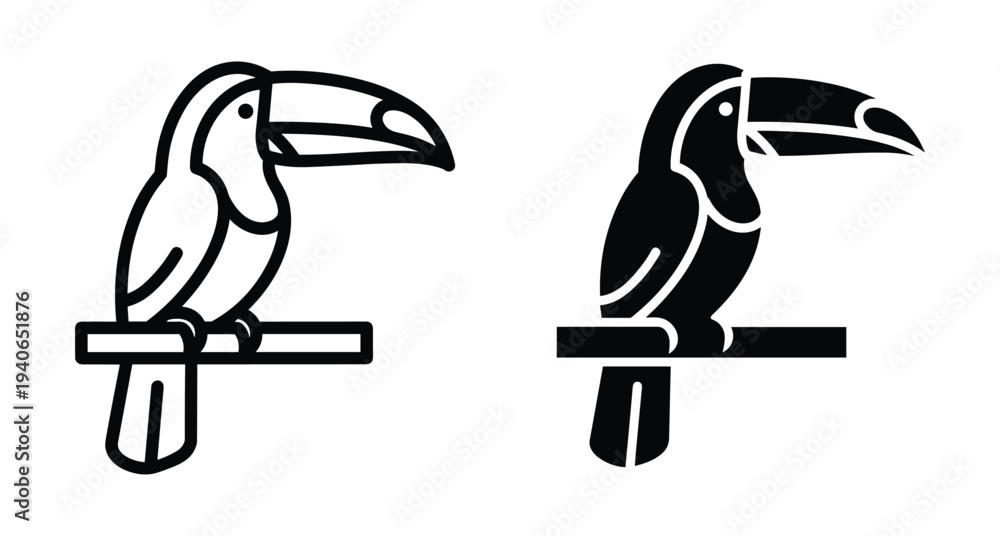 Obraz premium Toucan bird icon set featuring outline and solid black silhouette styles perched on a branch for tropical wildlife nature design projects