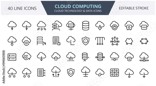 Modern cloud computing and data management line icons for storage solutions, network operations, and IT security