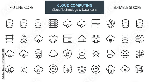 Cloud computing and data technology line icons for server infrastructure, database management, and network security