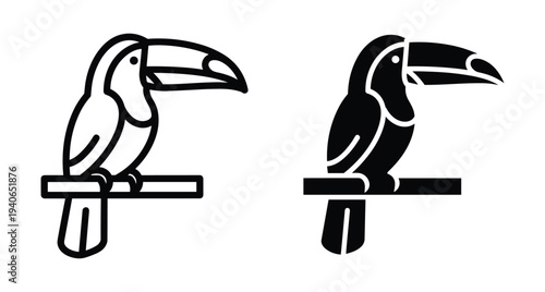 Toucan bird icon set featuring outline and solid black silhouette styles perched on a branch for tropical wildlife nature design projects