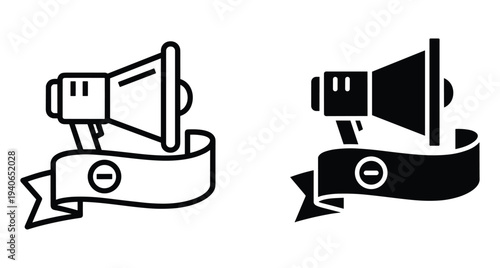 Megaphone bullhorn icon set with ribbon banner and minus sign symbol for negative announcement volume decrease marketing communication alert notification graphic