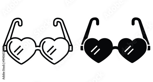 heart shaped sunglasses icons in outline and solid black styles for fashion design summer accessories romantic wedding themes party eyewear graphics