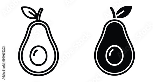 Avocado fruit icon set featuring outline and solid silhouette designs with leaf and pit for healthy food and organic nutrition projects