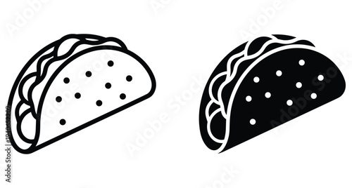 Taco icon set featuring outline and solid black silhouette styles for Mexican food menu design restaurant branding and taco icon set