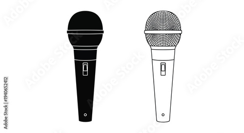 Two microphones in contrasting black and white line art styles