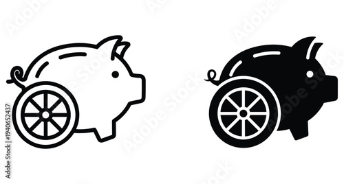 Piggy bank with wheel icon set representing fast savings financial mobility retirement planning investment growth money management and quick capital movement