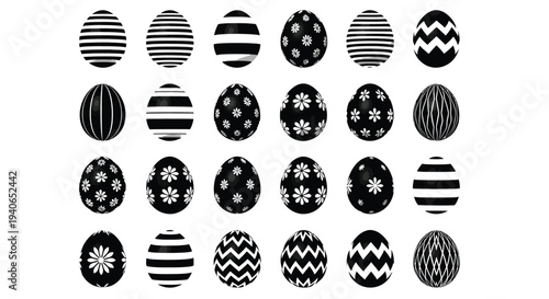 Patterned Easter eggs display various monochrome geometries.