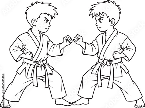 Two Boys Practicing Karate Coloring Page martial arts