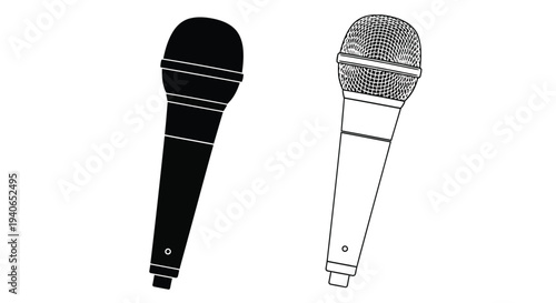 Two microphones presented in contrasting black and white line art styles