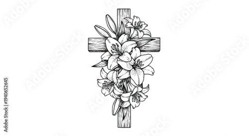 A wooden cross adorned with detailed lilies forms a.