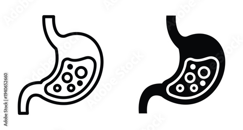 Human stomach icon set showing digestive system anatomy with food particles inside for medical healthcare biology and internal organ health education