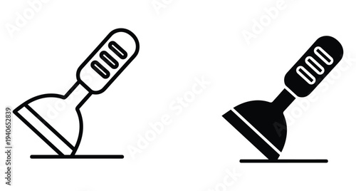 Scraper tool icon set for construction renovation and repair work featuring outline and solid black styles for web design and mobile apps