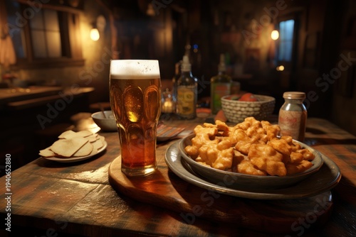 Plate of Food and Glass of Beer on Table