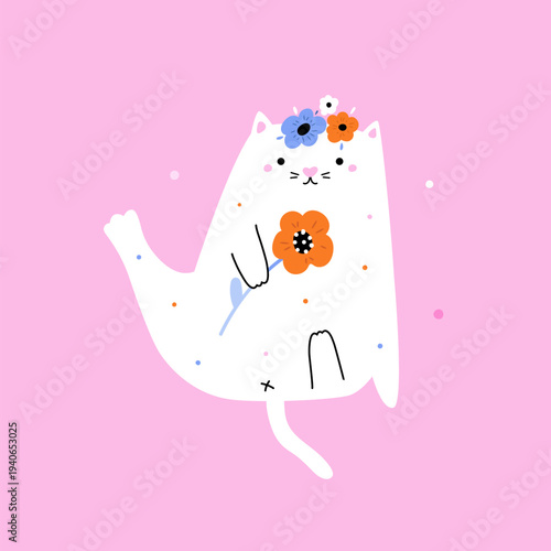 Cute white cat with flower - Mother's Day greeting card or nursery decor