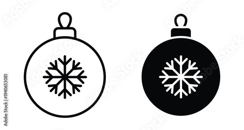 Christmas bauble icon set with snowflake design featuring outline and solid black styles for winter holiday decoration and festive graphic design