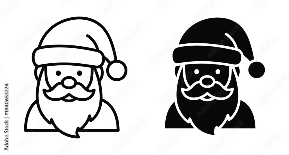 Fototapeta premium Santa Claus icon set featuring outline and solid black versions of Father Christmas with beard and hat for holiday graphic design