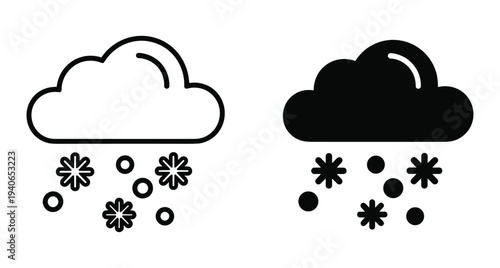 Snow cloud weather icon set featuring outline and solid silhouette styles for winter forecast meteorology climate and cold seasonal atmosphere design