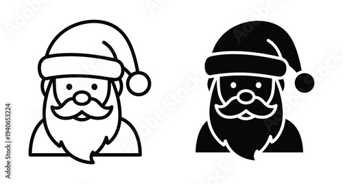 Santa Claus icon set featuring outline and solid black versions of Father Christmas with beard and hat for holiday graphic design