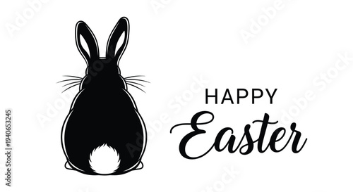 A rabbit's backside waving a tail next to a happy Easter script.