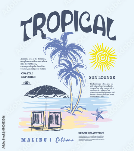 Tropical typography Slogan with palm tree illustration. malibu California. hand drawing beach print design. text lettering word. perfects for tee t-shirt design. girl's women's artwork. 