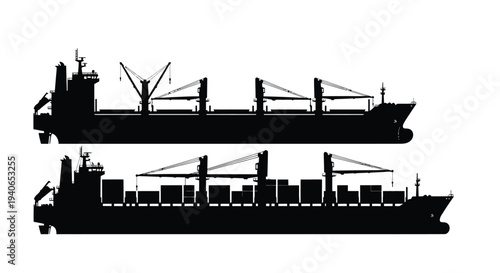 Silhouette of a large cargo ship with cranes shown from two angles