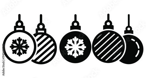 Christmas bauble icons set with snowflake and stripe patterns for winter holiday decoration festive ornament collection graphic design elements vector illustration