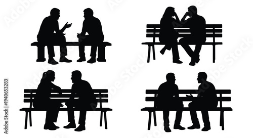 Silhouettes of people interacting on park benches in a minimalist style