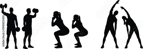 Silhouettes of fitness exercises, strength training, squats, stretching poses, black figure, workout routine, flexibility, motion, wellness, body movement