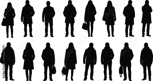 Silhouettes of people in winter clothing, coats and jackets, black figures, standing posture, seasonal fashion, white background, urban diversity