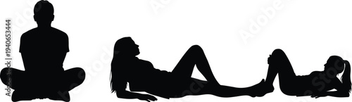 Silhouettes of people sitting, reclining, and lying down in relaxed poses, meditation, rest, casual posture, yoga, leisure, mindfulness, peace