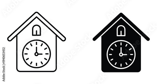 Cuckoo clock icon set featuring outline and solid black versions of traditional wooden wall timepiece bird house cuckoo clock icon set