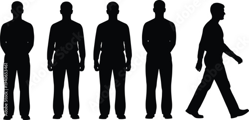 Silhouettes of people standing and walking, individuality, motion, contrast, unique path, black figure, human pose, concept, separation, movement