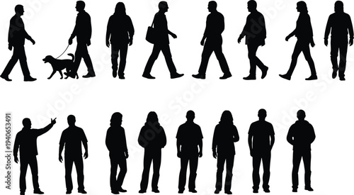 Silhouettes of people walking and standing, dog walking, gesture, posture, black figure, casual motion, urban scene, human activity, design