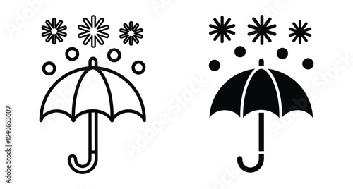 Umbrella icon set with snowflakes falling representing winter weather protection cold season forecast symbol outline and solid black silhouette graphic elements