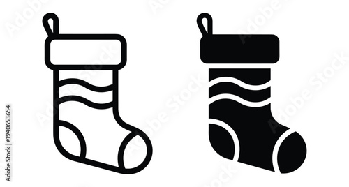 Christmas stocking icon set featuring outline and solid glyph styles for holiday celebration winter festive decoration gift seasonal greeting card design