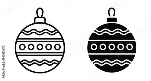 Christmas bauble icon set featuring outline and solid black styles for festive holiday decorations winter season celebration Christmas bauble icon set