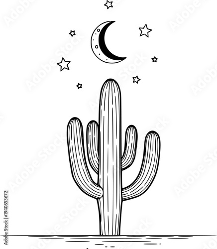 Black and white line of a saguaro cactus under a crescent moon and stars