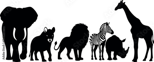 Silhouettes of various wild animals standing together vector illustration