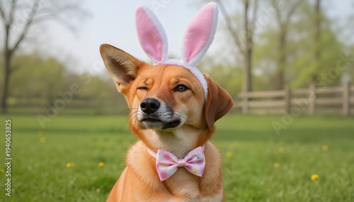 Humorous portrait of a red fox labrador retriever with his head cocked wearing a hairband with Easter bunny ears and a bow tie
