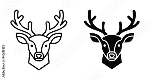 Deer head stag buck antlers icon set minimalist line art and solid silhouette vector graphic for nature hunting wildlife logo design