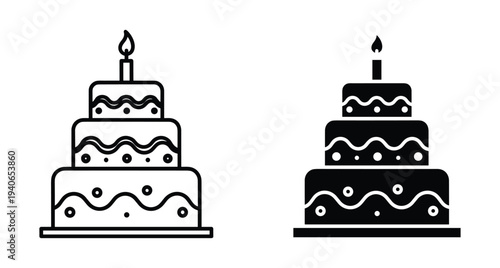 Birthday cake icon set featuring three tiered dessert with lit candle in outline and solid black glyph style for celebration party events