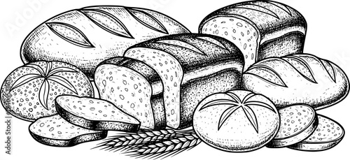 Hand Drawn Assortment of Fresh Baked Breads Rolls and Wheat Stalks Bakery Food