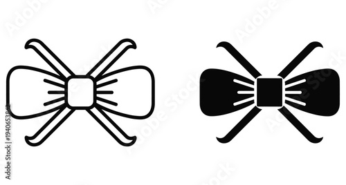 Bow tie icon set featuring outline and solid black ribbon designs for formal wear fashion accessories wedding celebrations and party attire