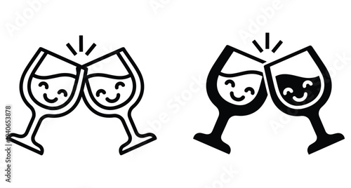 Clinking wine glasses with cute smiling faces in outline and solid black styles for celebration party toast and happy drink events
